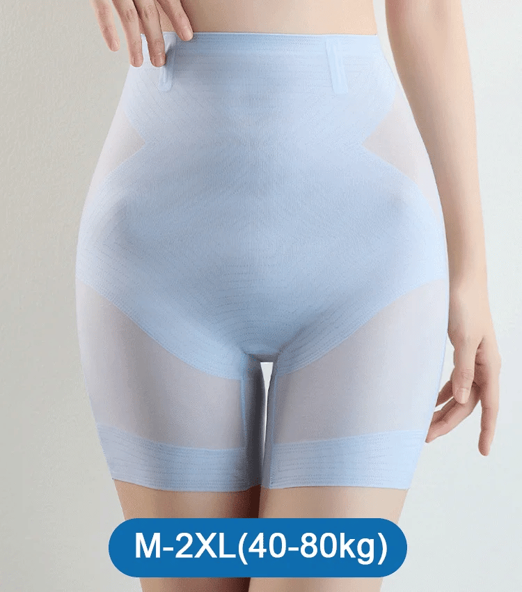 Model wearing pale blue high-waisted shaping shorts, front view, showing the criss-cross waist panels and sheer thighs, with a size range label. 10