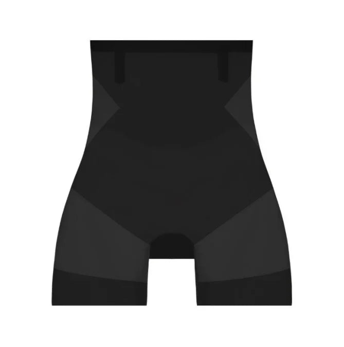 Black high-waisted shorts laid flat, front view, showing darker waist panels, sheer thigh sections and banded leg openings. 6