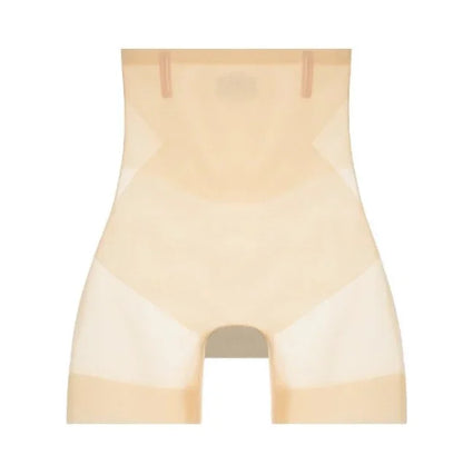 Beige high-waisted shorts laid flat, front view, with sheer side panels, waistband tabs and banded leg hems. 12
