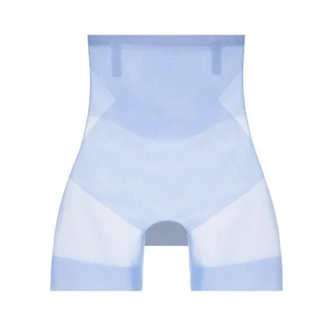 Pale blue high-waisted shorts laid flat, front view, with sheer side panels, tabs at the waistband and banded leg hems. 11