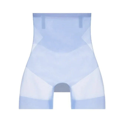 Pale blue high-waisted shorts laid flat, front view, with sheer side panels, tabs at the waistband and banded leg hems. 11