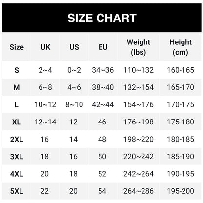 Size chart table matching sizes S to 5XL with UK, US and EU sizes plus recommended weight and height ranges. 17
