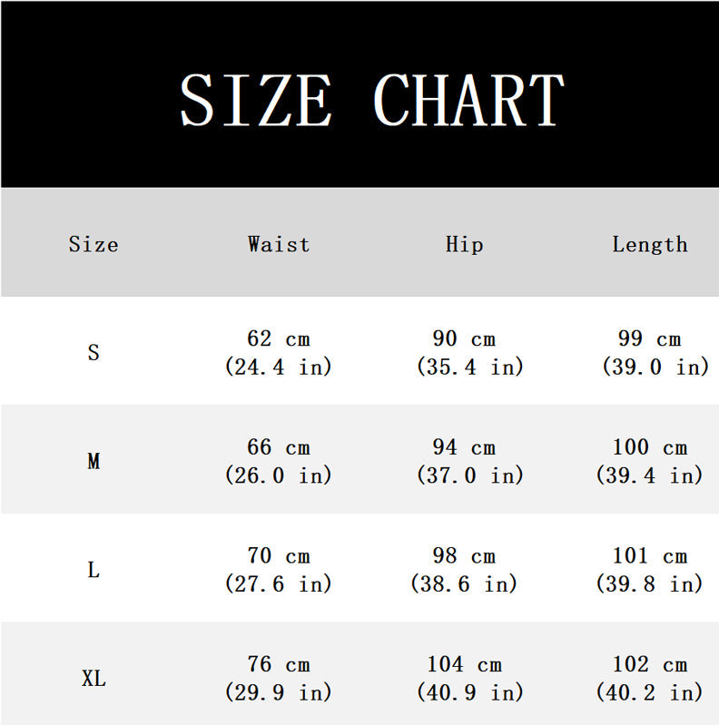 Size chart table listing waist, hip and length measurements in centimetres and inches for sizes S to XL. 11