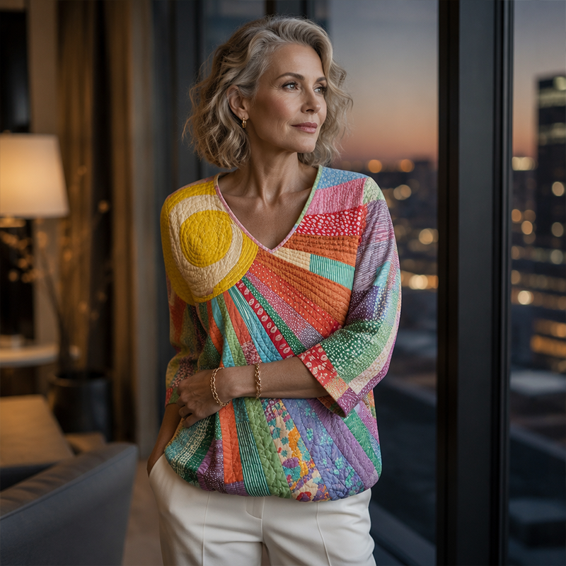 Model with grey wavy hair wearing the pastel patchwork blouse with white trousers, standing beside a window with a city view at dusk. 7