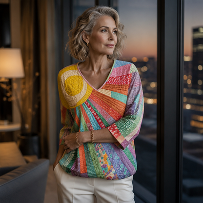 Model with grey wavy hair wearing the pastel patchwork blouse with white trousers, standing beside a window with a city view at dusk. 7