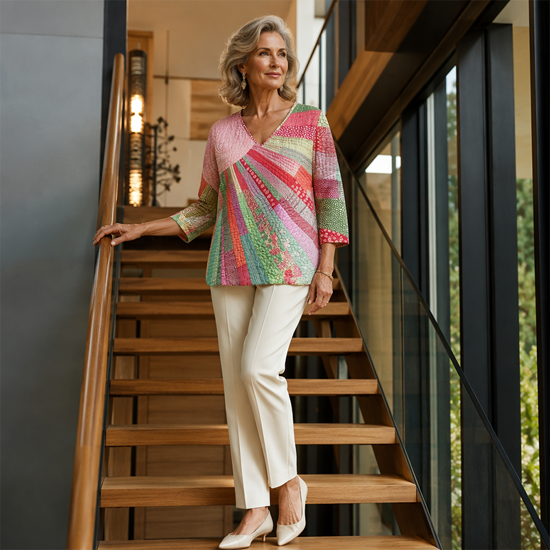 Model in the pink and green patchwork blouse with cream trousers and pointed shoes, walking down a wooden staircase beside glass panels. 9
