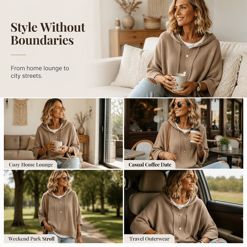 Collage of a woman in the tan hooded jumper at home with a mug, in a café, in a park and in a car. 5