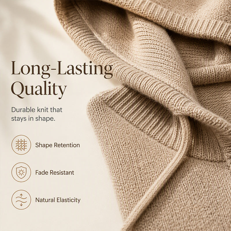 Close-up of the tan knit jumper's folded hood and ribbed neckline, showing the soft, durable stitch texture. 6