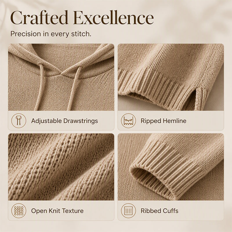 Four close-up details of the tan knit: drawstring hood, ribbed hemline with slit, open knit texture and ribbed cuff. 3