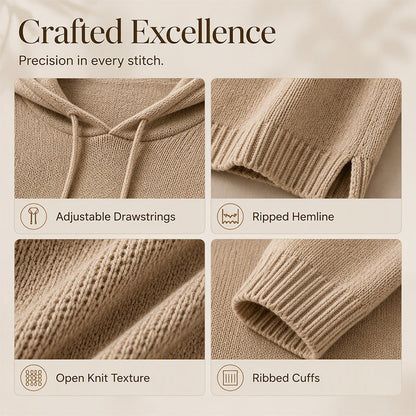 Four close-up details of the tan knit: drawstring hood, ribbed hemline with slit, open knit texture and ribbed cuff. 3