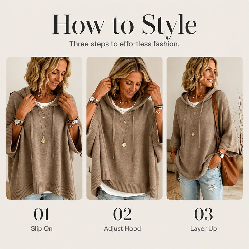 Three-step styling sequence of a woman putting on the tan jumper, adjusting the hood and adding a brown shoulder bag. 7