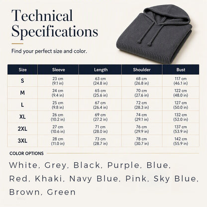 Size chart table listing sleeve, length, shoulder and bust measurements from S to 3XL, beside a folded dark grey hooded jumper. 20