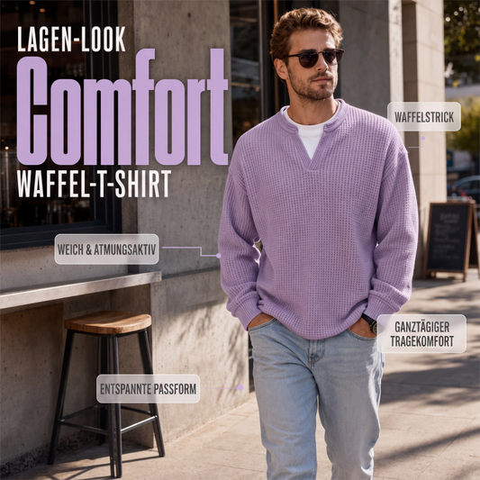 Man in sunglasses walks along a pavement wearing the lilac waffle knit top over a white tee 1