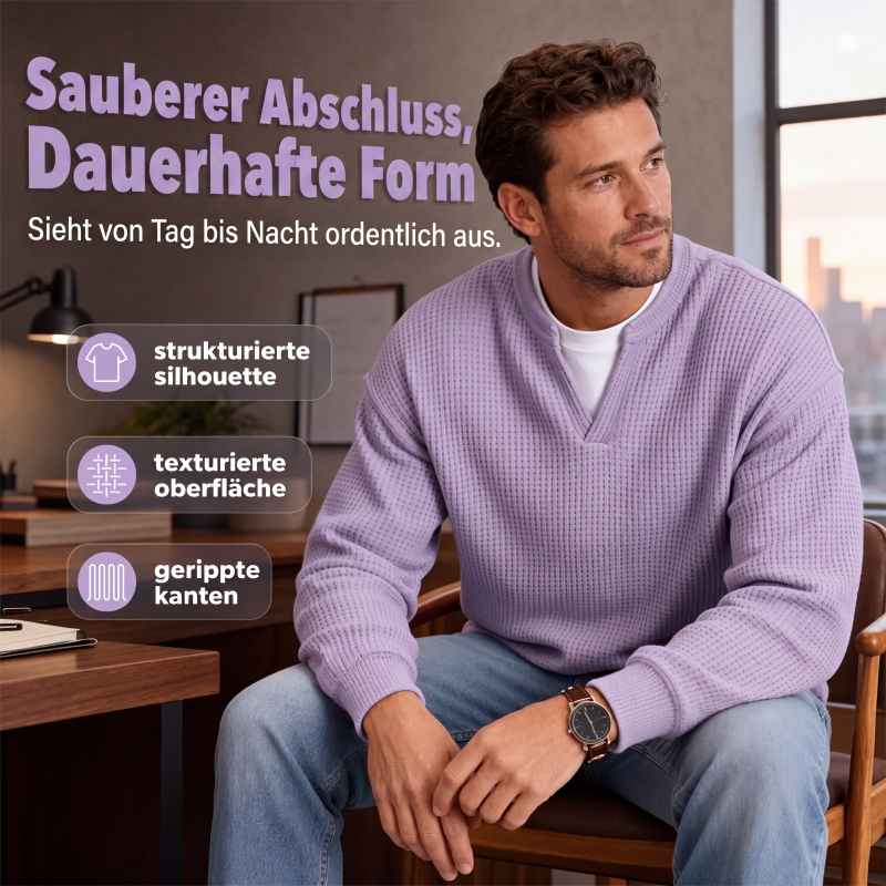 Model sits in an office chair wearing the lilac top, with icons highlighting texture and ribbed edges 6