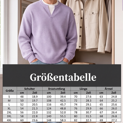 Lilac waffle top on a model beside a wardrobe, with a size chart table below 8