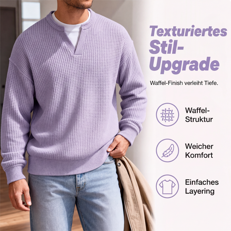 Close-up of the lilac waffle texture and notched V-neck, worn by a model holding a beige jacket 3