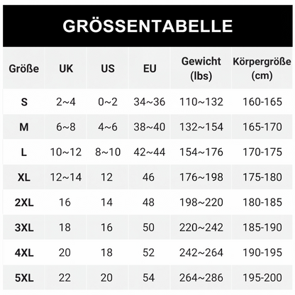Size chart table listing UK, US and EU sizes with weight and body height ranges 9