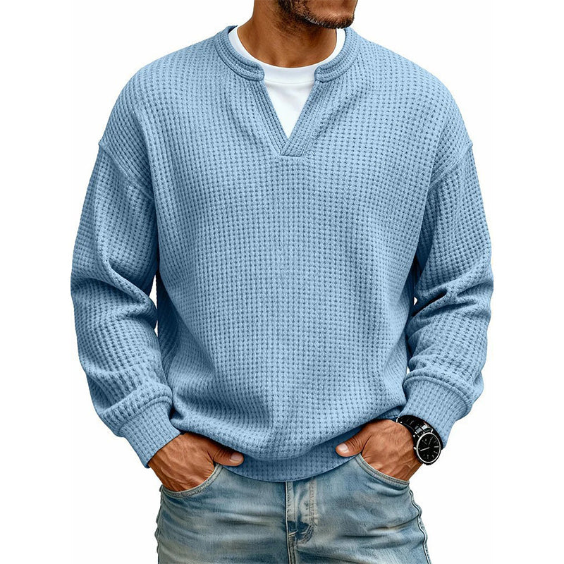 Front view of the waffle knit top in light blue over a white tee 12