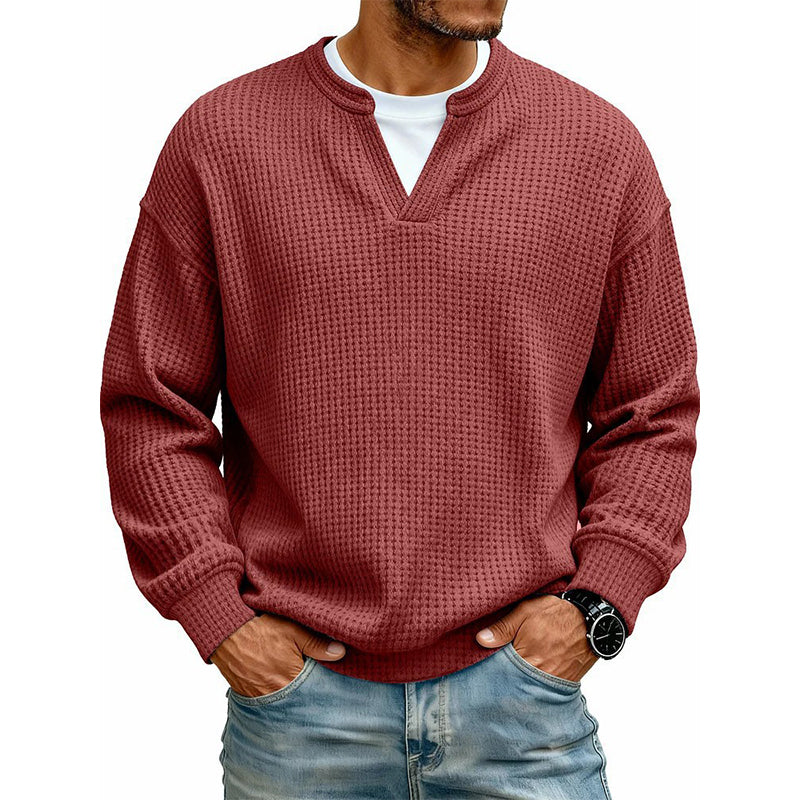 Front view of the waffle knit top in brick red over a white tee 16
