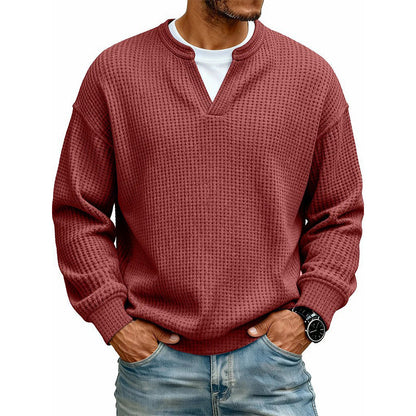 Front view of the waffle knit top in brick red over a white tee 16
