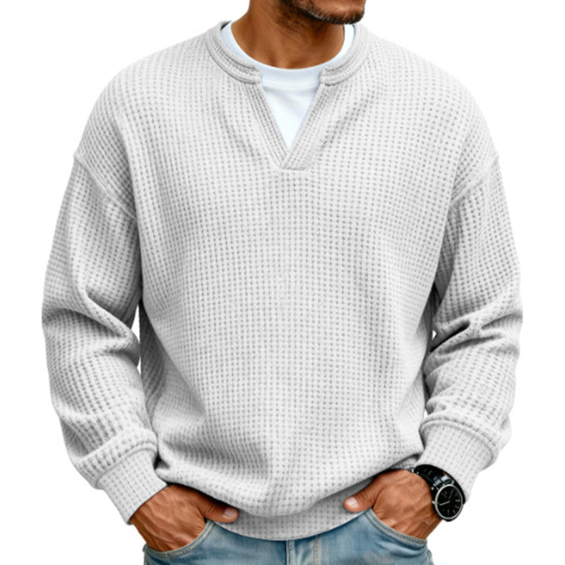 Front view of the waffle knit top in off-white over a white tee 14