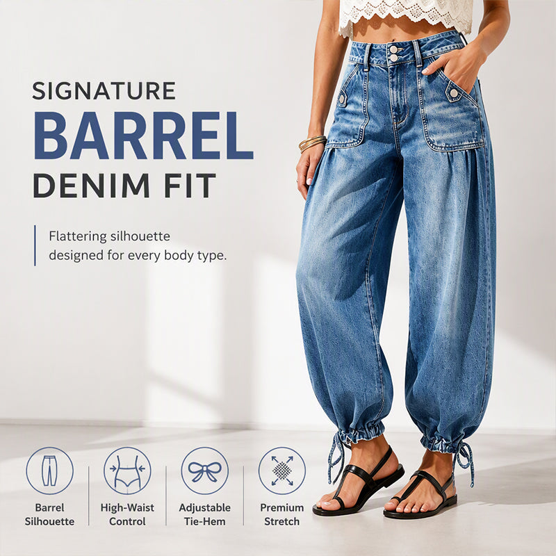 Model in blue barrel jeans with tied hems and black sandals, beside a row of feature icons 1