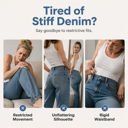 Three panels of a woman in stiff straight jeans looking uncomfortable, sitting, in a mirror and gripping her waist 3