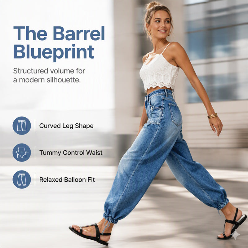 Smiling model walking in the blue barrel jeans with a white lace crop top and sandals 4