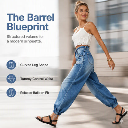 Smiling model walking in the blue barrel jeans with a white lace crop top and sandals 4