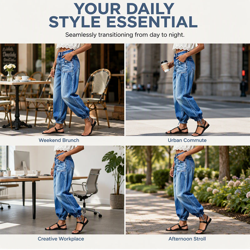 Four-panel collage of the jeans worn at a café, on a street, in an office and in a park 6