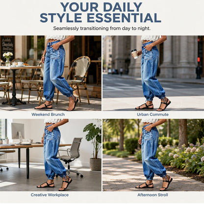 Four-panel collage of the jeans worn at a café, on a street, in an office and in a park 6