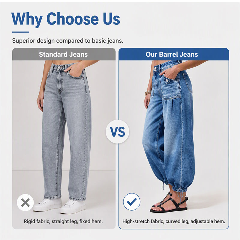 Side-by-side comparison of straight grey jeans with trainers and the blue barrel jeans with tied hems 5