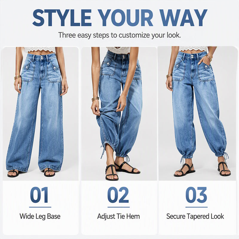 Three-step panel showing the jeans as a wide leg, with the hem being tied, and fully tapered 8