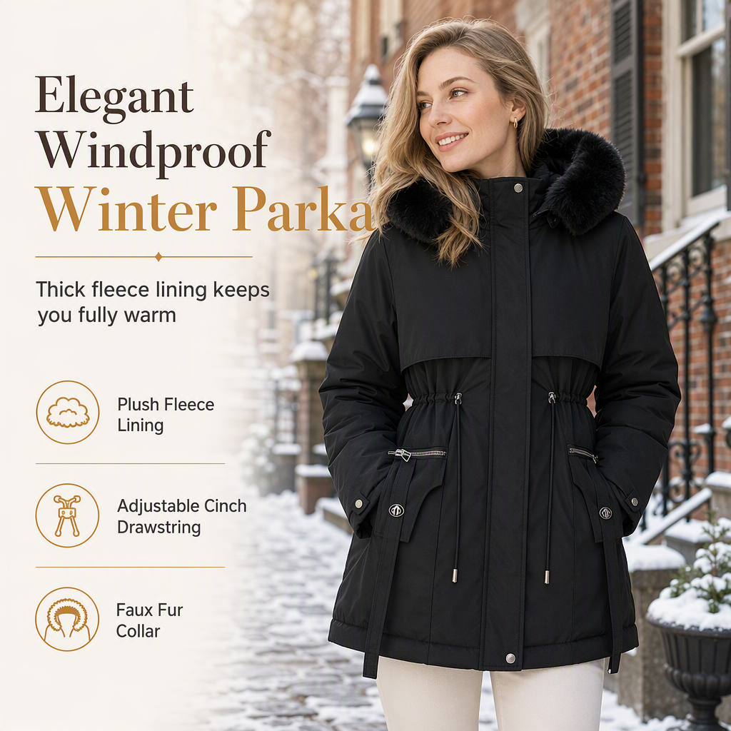 Smiling woman in a black hooded parka with fur trim, hands in pockets, on a snowy street 1