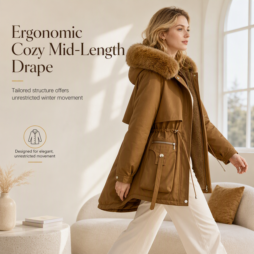 Woman walking indoors in a brown mid-length parka with fur-trimmed hood, cinched waist and large front pocket 6
