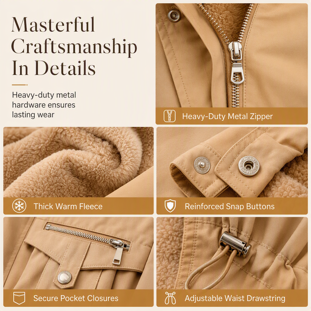 Six close-ups of a tan parka: metal zip, fleece lining, snap cuff, zipped pocket and waist drawstring toggle 5