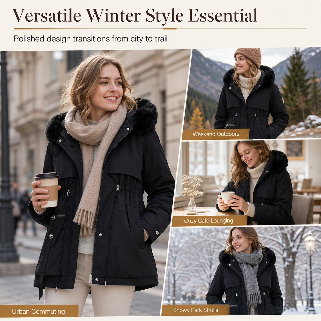 Collage of a woman in a black fur-hooded parka for city commuting, outdoors, café and snowy park 7