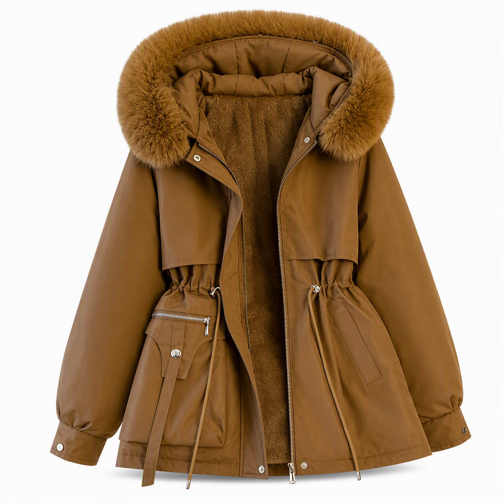 Brown parka laid flat and open, with fleece lining, fur-trimmed hood, drawstring waist and flap pocket 11