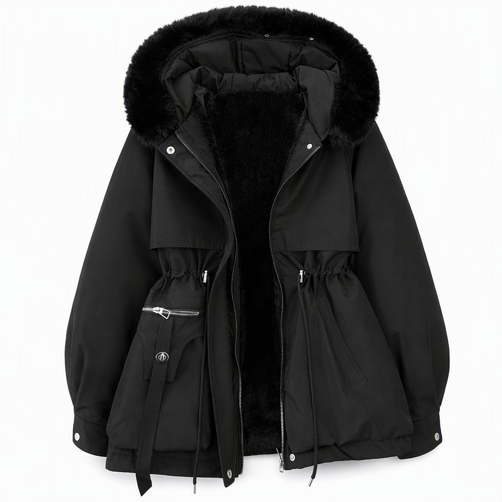 Black parka laid flat, unzipped to show the black fleece lining, with fur-trimmed hood and cinched waist 9