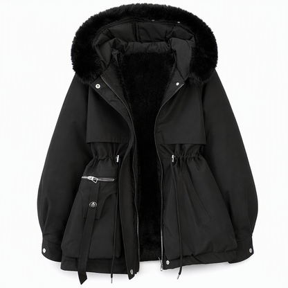 Black parka laid flat, unzipped to show the black fleece lining, with fur-trimmed hood and cinched waist 9