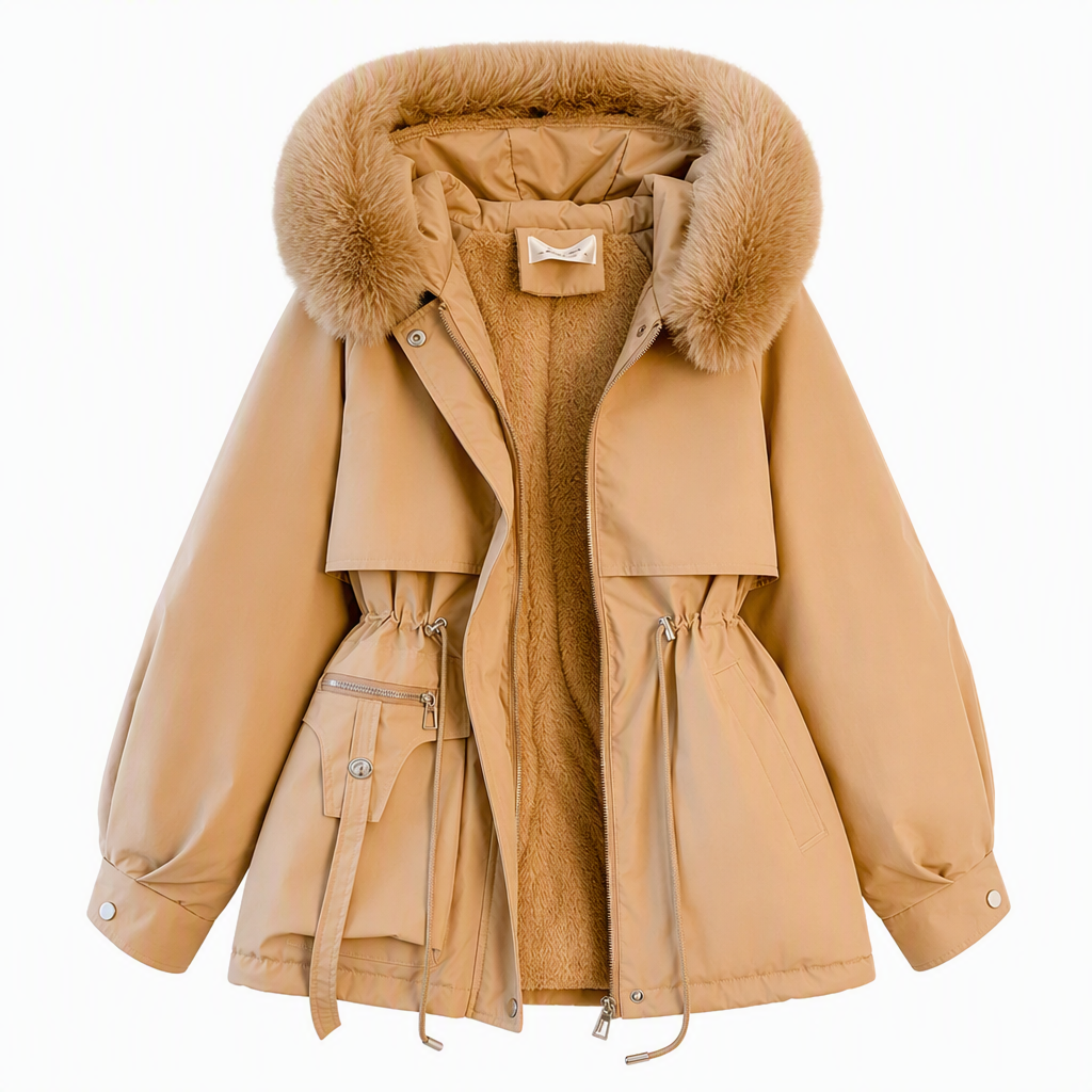 Khaki parka laid flat and open, showing warm fleece lining, fur-trimmed hood, drawstring waist and zipped pocket 10