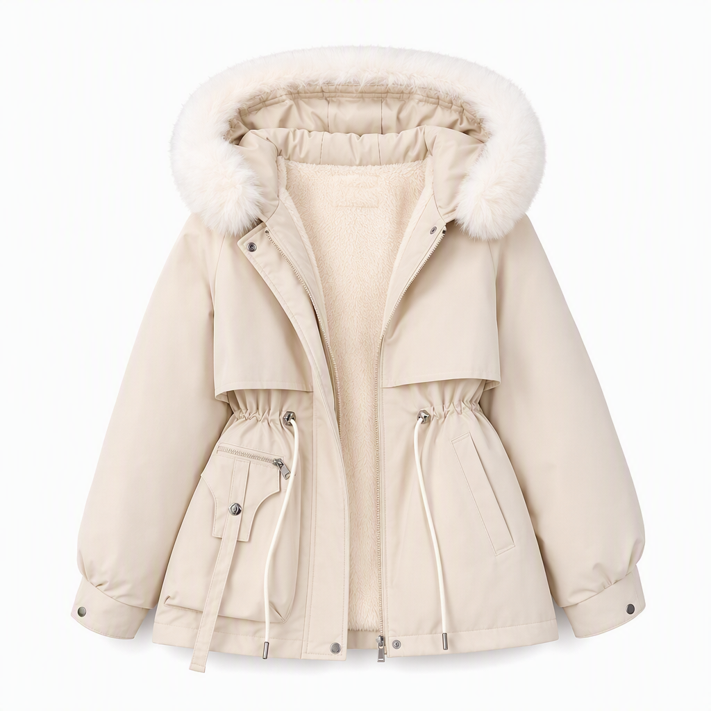 Cream parka laid flat, unzipped to show the fleece lining, with white fur hood and drawstring waist 8