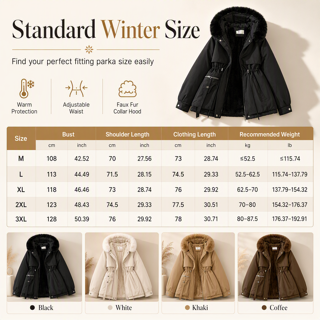 Size guide table for sizes M to 3XL, with the black parka and four colour options pictured 12