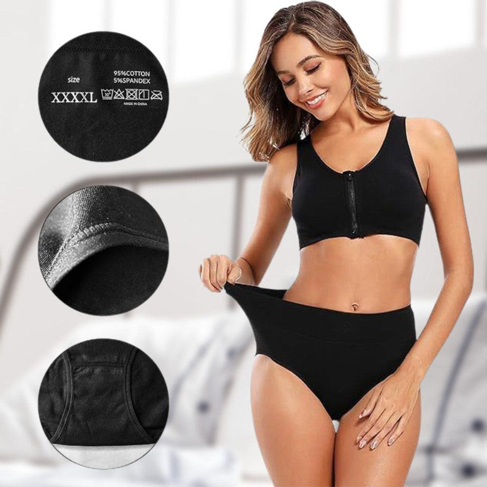 Smiling model in a black zip-front top stretching black briefs, with close-up circles of the label, stitched seam and inner gusset. 5