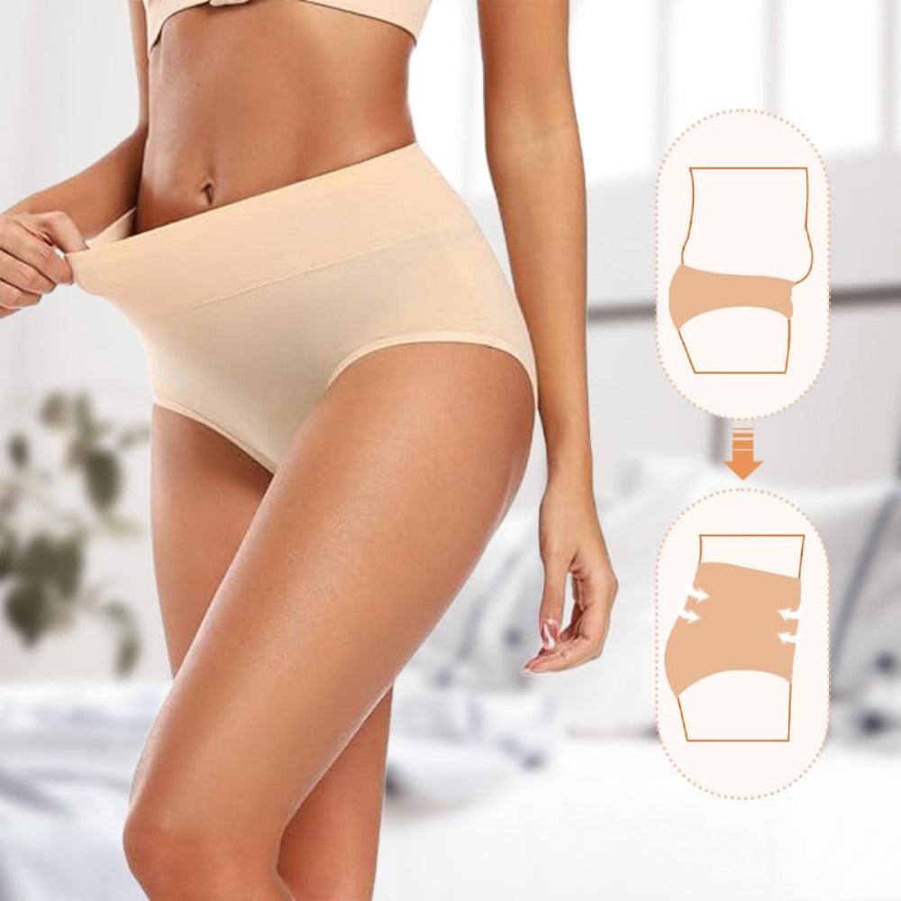 Model pulling at the waistband of beige briefs, with a diagram showing the belly being gently drawn in by the high waist. 4