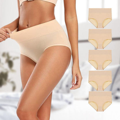 Model stretching the wide waistband of beige high-waisted briefs, with a column of five beige pairs shown alongside. 1