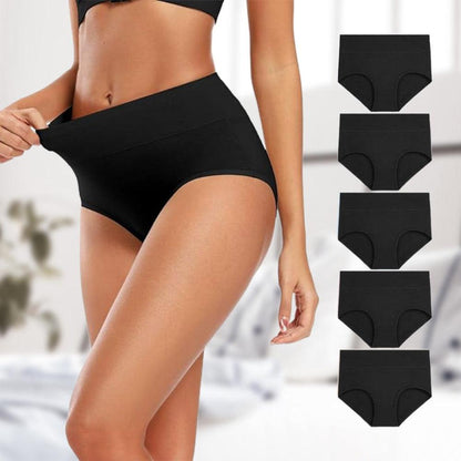 Model stretching the waistband of black high-waisted briefs, with a column of five identical black pairs displayed beside her. 8