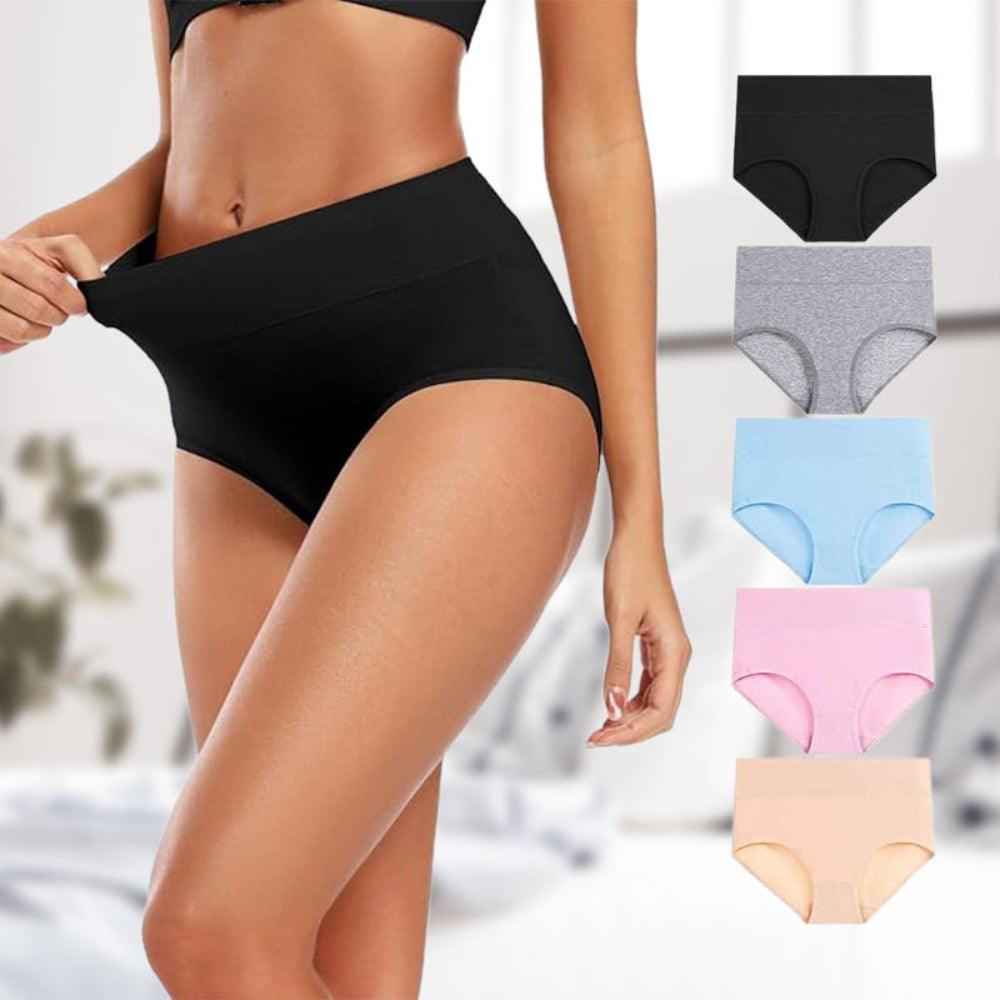 Model stretching the waistband of black high-waisted briefs, with five pairs in black, grey, light blue, pink and beige beside her. 3