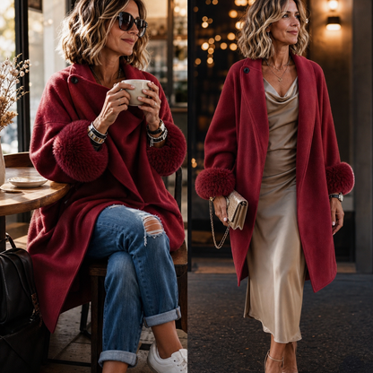 Two outfits in the red jacket: with jeans and trainers at a café, and over a satin dress 11