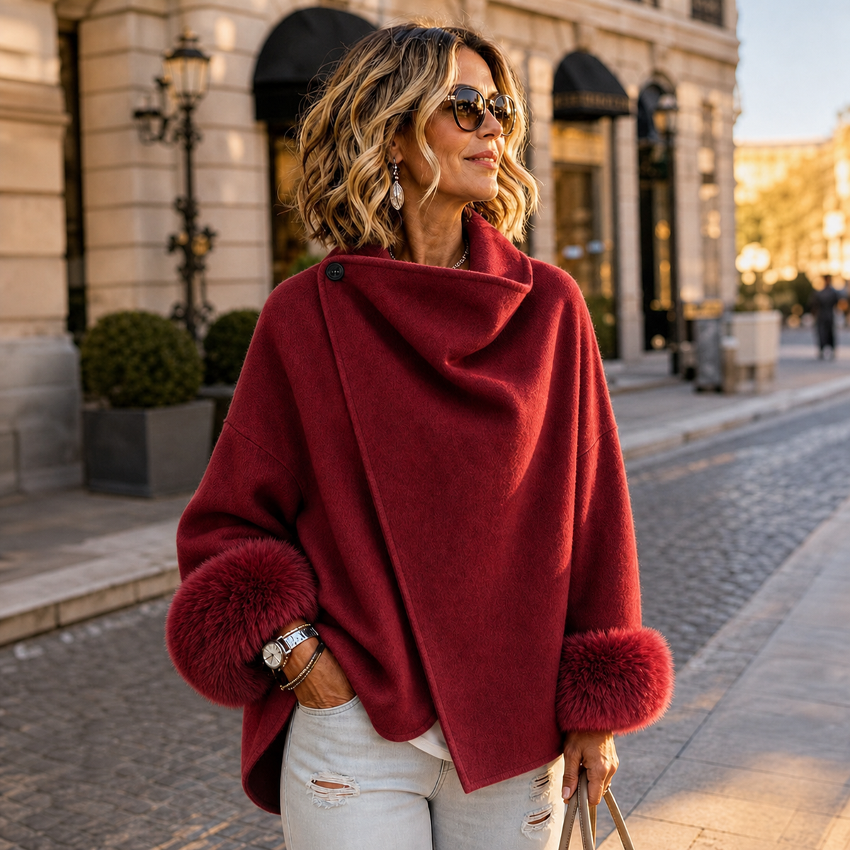 Model walking down a sunlit street in the red jacket with draped collar and plush cuffs 4